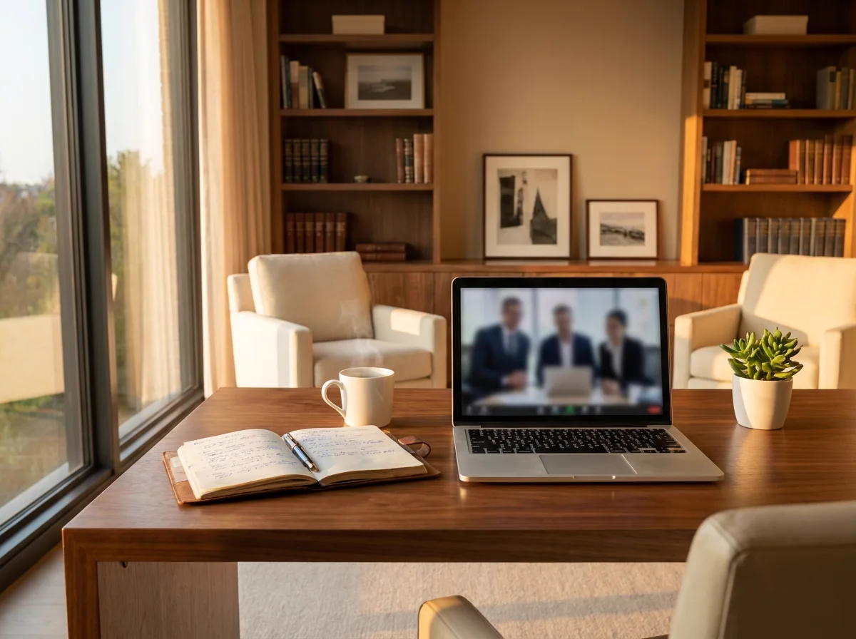 Modern home office workspace with laptop on a video consultation, notebook, and coffee in warm afternoon light
